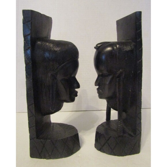 African Bookends Vintage Black Ebony Hand Carved Wood Head Art 9in - Picture 4 of 9